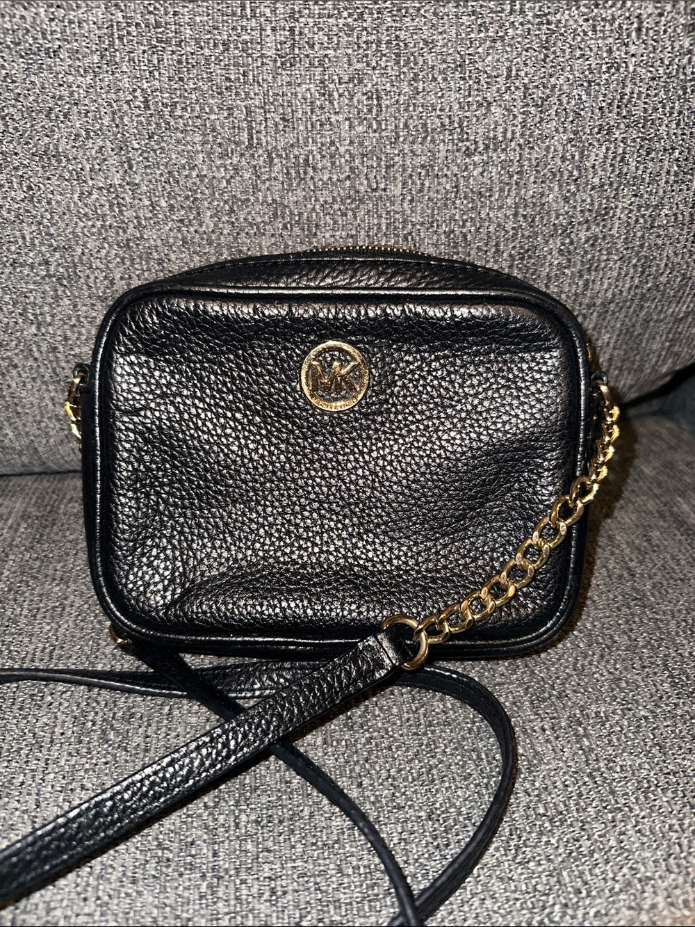 Michael Kors Black Pebbled Leather Crossbody with Gold Chain Trim